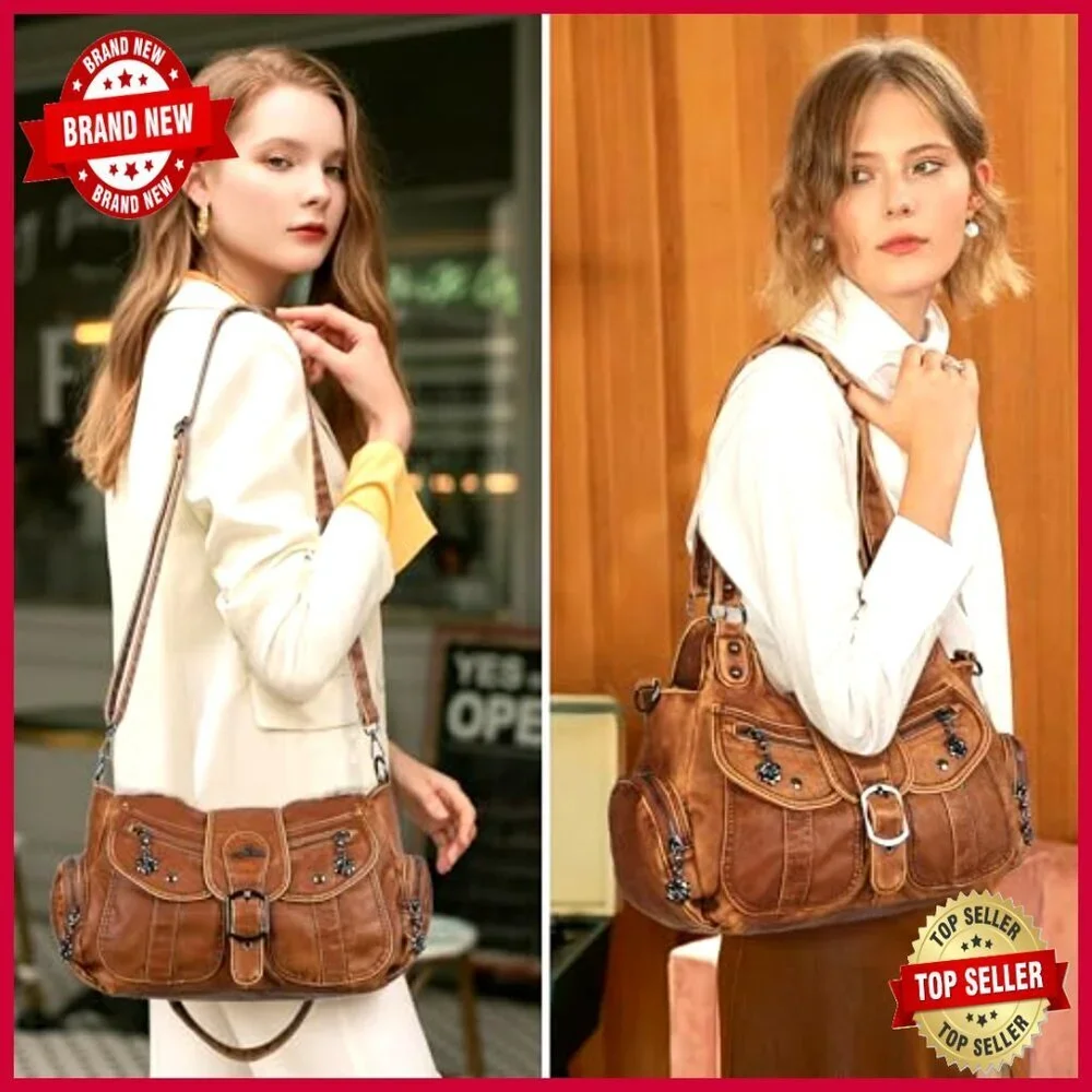 Vegan Leather Hobo Tote with Crossbody Strap, Roomy Multi-Pocket Design